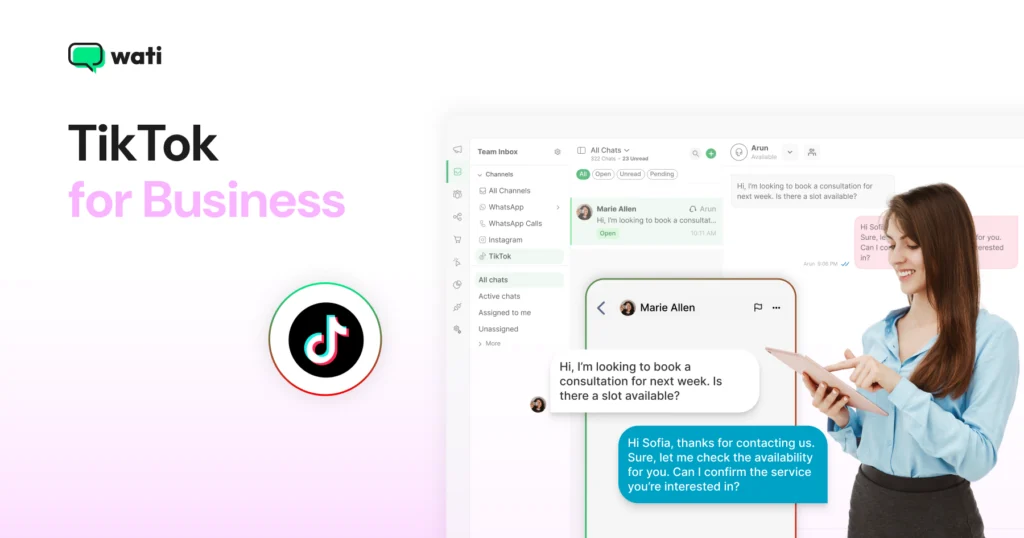 Illustration of TikTok for Business, showing a unified inbox for TikTok conversations, customer messaging, and a business managing inquiries across channels.