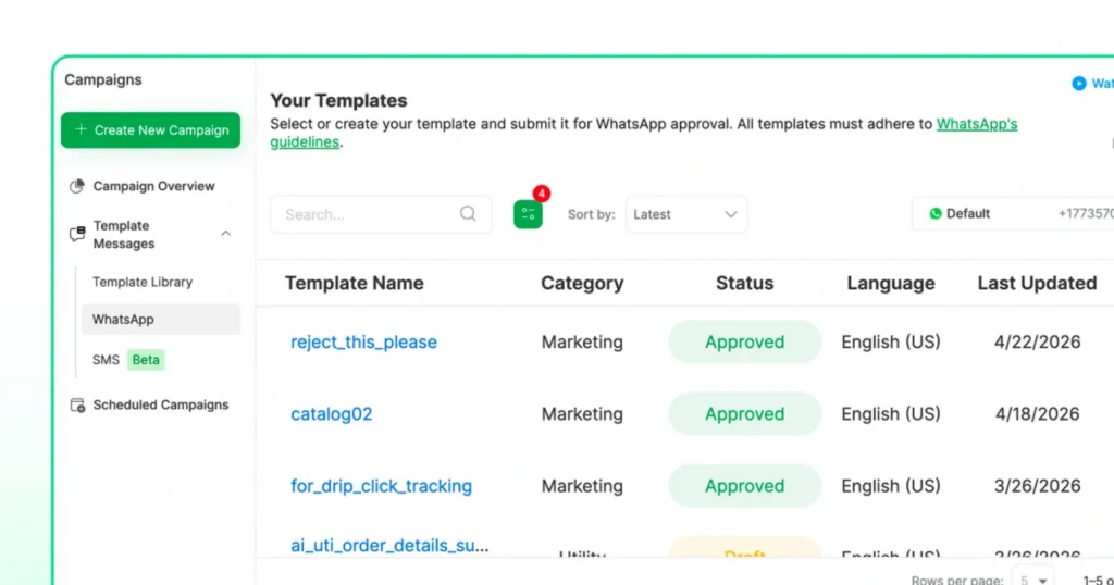 Wati campaign dashboard with category, status, last updated, and more