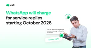 Illustration announcing WhatsApp's October 2026 pricing change, showing that service replies will become chargeable, with a customer service billing notification and a person reacting to increased messaging costs.