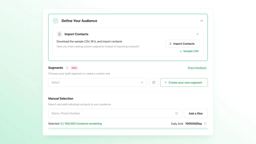 Define Your Audience dialog showing Import Contacts option