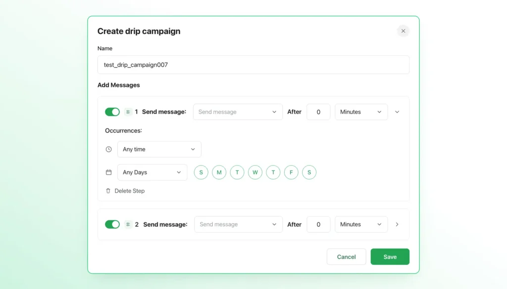 Create Drip Campaign dialog showing occurrences with customizable time and days.