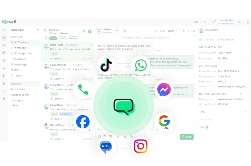 One AI brain across Web, WhatsApp and Voice
